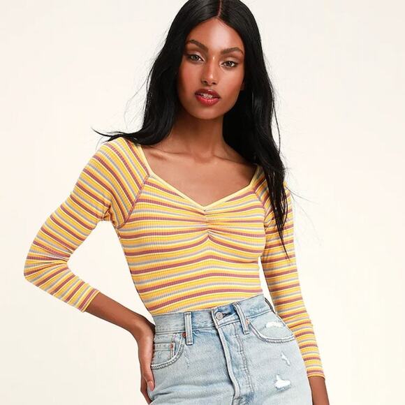 Free People Tops - Free People Put a Stripe On It Yellow Combo Striped Bodysuit Size Small